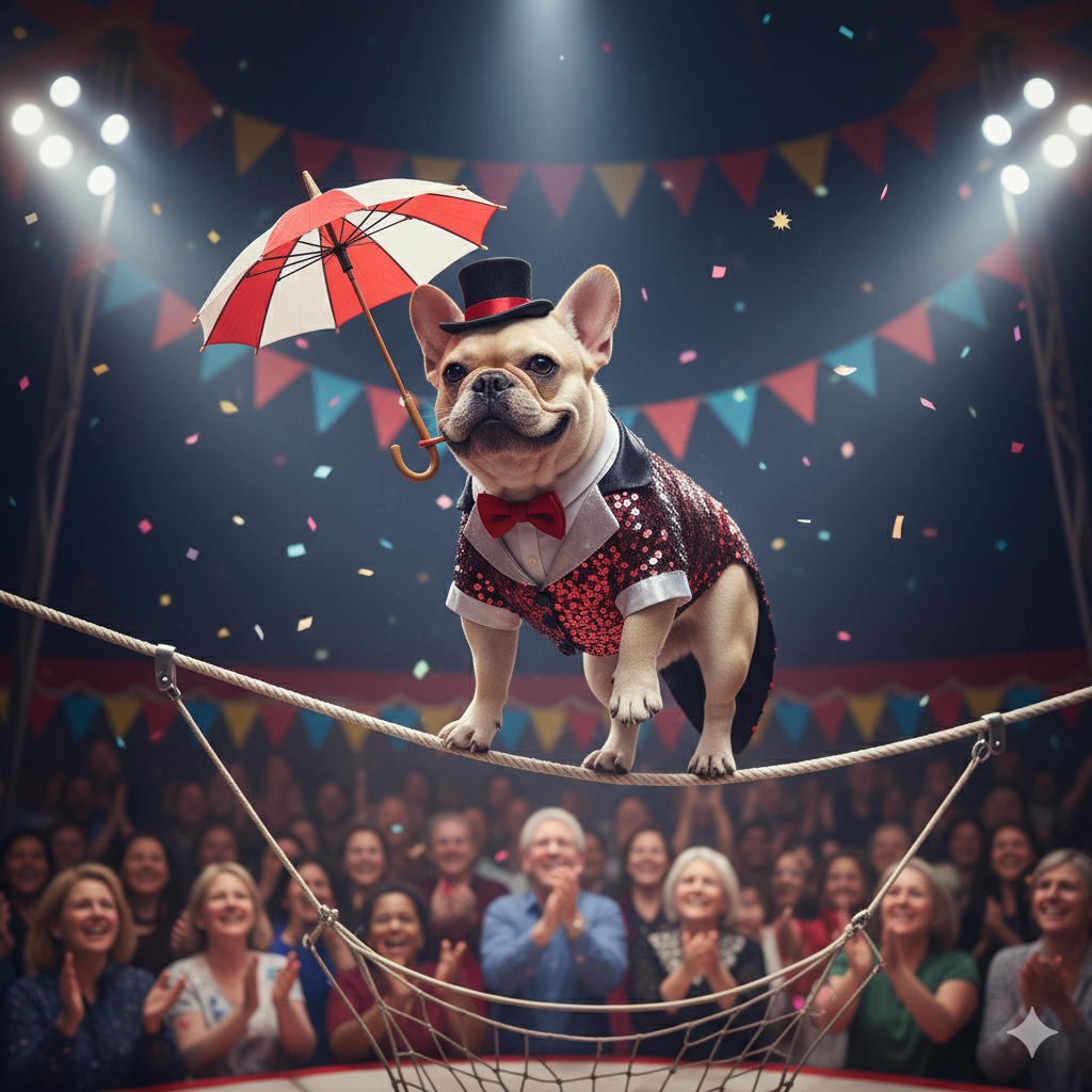 french bulldog at the circus walking the high wire holding a parasol